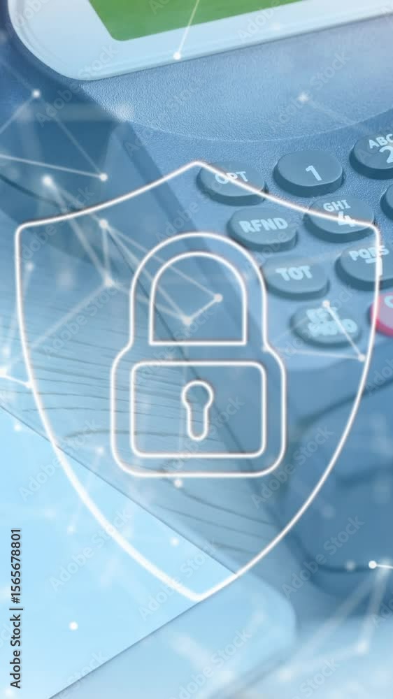 Poster animation of network of connections and security padlock on shield over payment terminal