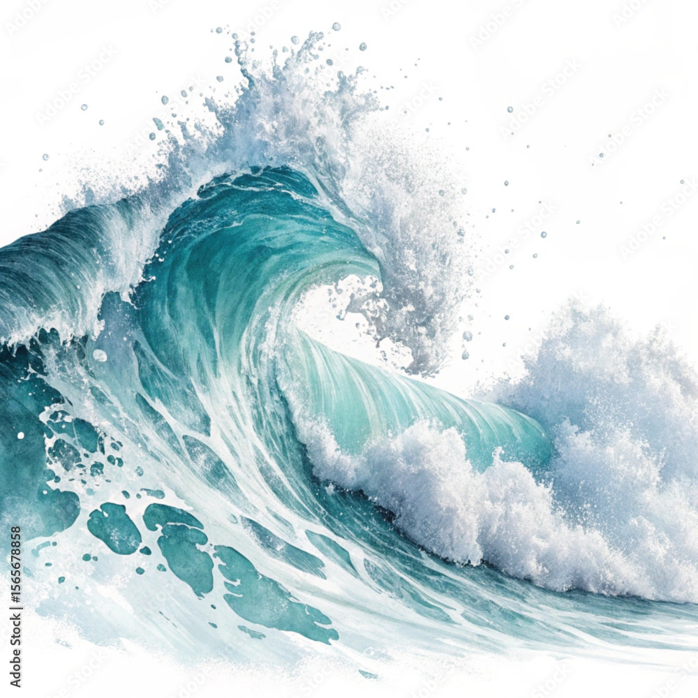 Poster a large ocean wave with turquoise water curling and crashing with white foam on a white background c