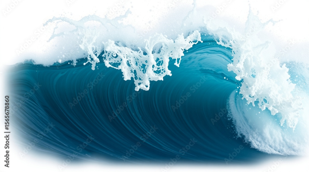 Poster a dynamic ocean wave cresting with white foam and splashes against a bright white background scene v