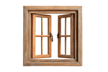 PNG Rustic wooden window frame with open shutters isolated on transparent background