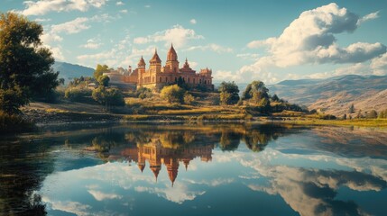 A tranquil stylized scene of worshippers near the temple, immersed in spirituality