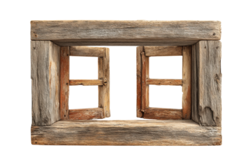 PNG Rustic wooden window frame with weathered texture and open shutters