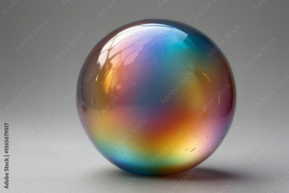 Poster iridescent sphere reflecting rainbow colors with a glossy surface and smooth gradients on a gray bac
