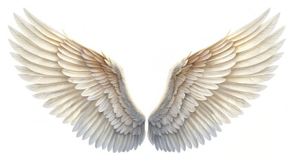 A pair of large, detailed white wings spread wide, showcasing individual feathers against a bright background created with generated ai