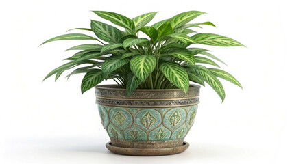 Obraz premium Aglonema plant with striped leaves in a decorative green pot on a white background in a studio shot created with generated ai