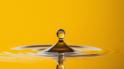 Liquid droplet impact. Ripples spreading on a yellow backdrop, crisp focus