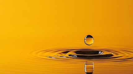 Liquid drop creates concentric circles on golden fluid surface; reflection