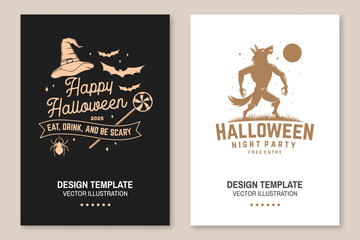 Halloween night party flyer, poster, banner design. Vector illustration. For holiday Halloween design, shirt, logo, badge, cards, with scary werewolf, wizard hat, spiders, bats and candys silhouette.