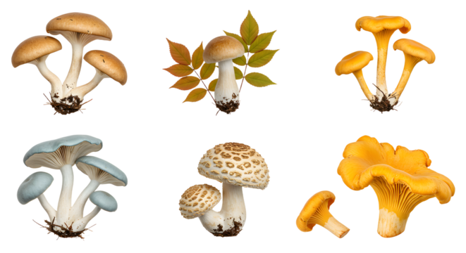 A vibrant collection of various mushrooms showcasing unique colors and shapes, set against a neutral background