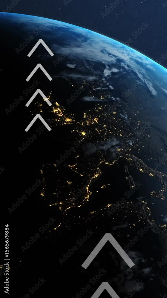 Poster animation of lopping up arrows over rotating globe against abstract background