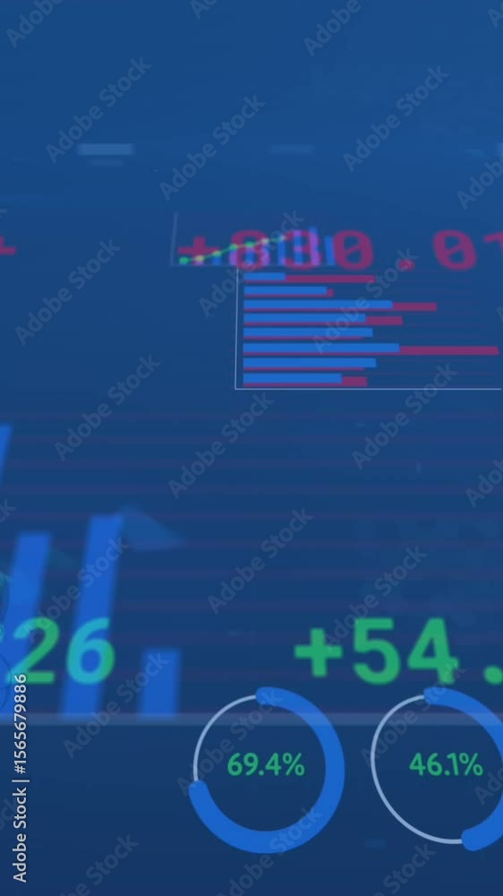 Poster animation of statistical data processing and light spot against blue background