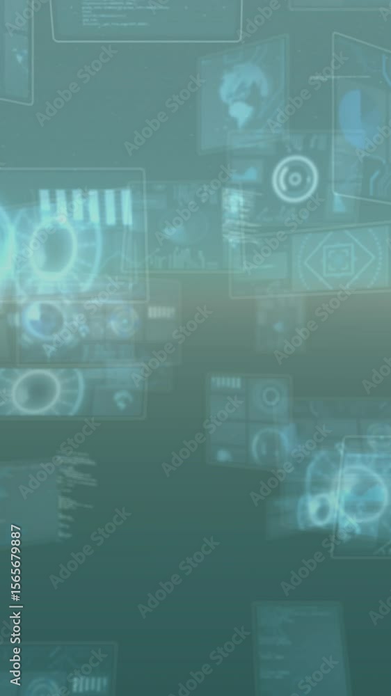 Poster animation of round scanners and data processing against grey background
