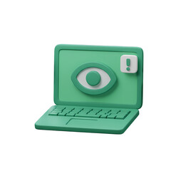 3D Render of Isolated Green Laptop with Eye Icon and Notification Badge on Transparent Background for Security Alert