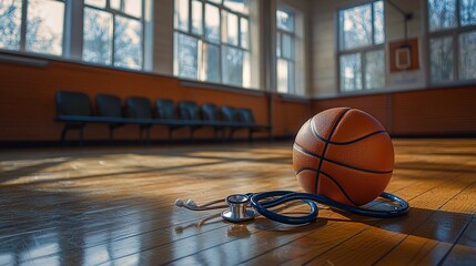 Basketball and stethoscope rest on wooden gym floor near bleachers and windows