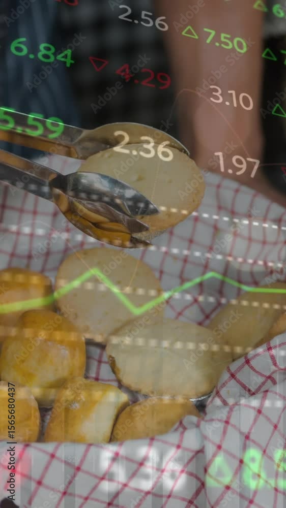 Poster animation of changing numbers and graphs over midsection of caucasian man with small breads