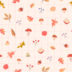 Fototapeta premium Cute autumn pattern in cartoon style with leaves, mushrooms, apples, acorns, berries on a light background with a grid. Great for tablecloths, clothes, banners, prints, stationery, wallpapers