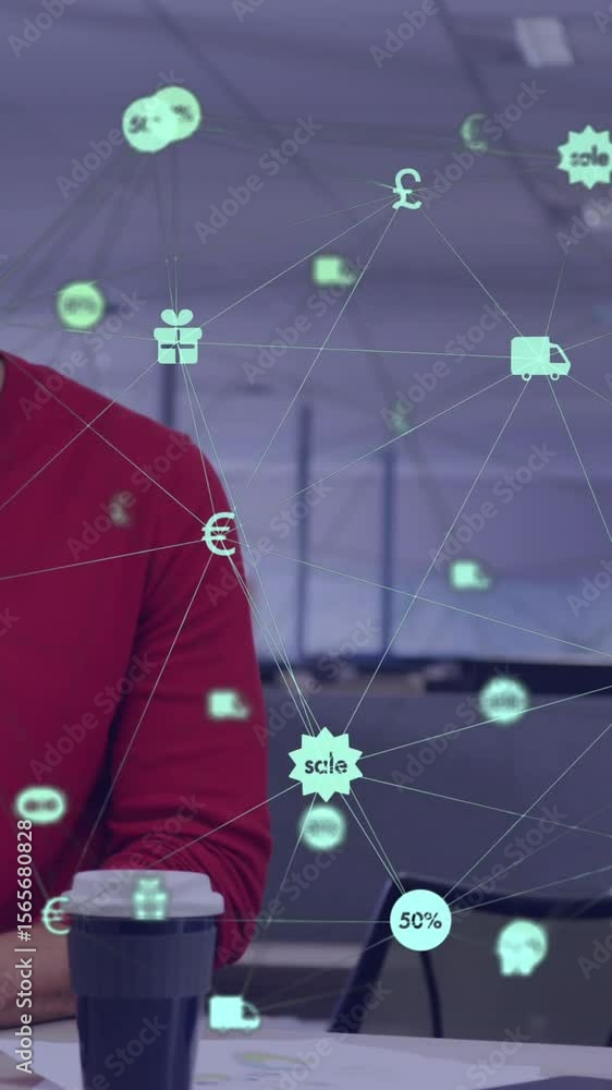 Poster animation of globe of digital icons over man reading documents using laptop at office