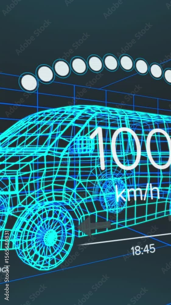 Poster animation of speedometer, gps and charge status data on vehicle interface, over 3d van model