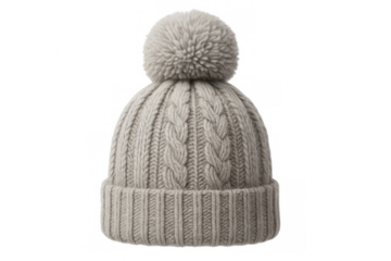 Soft knitted beanie providing warmth, featuring playful pom-pom and textured cable pattern for winter style and comfort