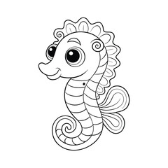 Fototapeta premium Baby seahorse with curly tail looking friendly for kids coloring book Vector illustration