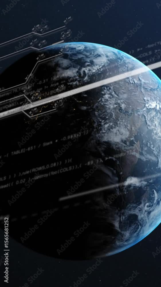 Poster animation of computer language with circuit board pattern and numbers over circles on globe