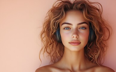 Naklejka premium Woman with Curly Hair and Headphones