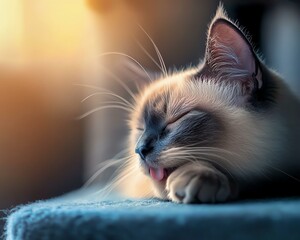 Cat Grooming, Shedding, Clean, Serene Cat Resting with Soft Light and Calm Expression at Home