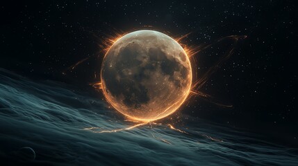 Space Exploration, Moon, Orbital, Stunning Lunar Glow with Cosmic Elements and Starry Background