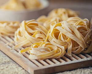 Sustainable Food, Farm-to-Table, Packaging, Freshly Made Fettuccine Pasta on a Wooden Surface with Flour