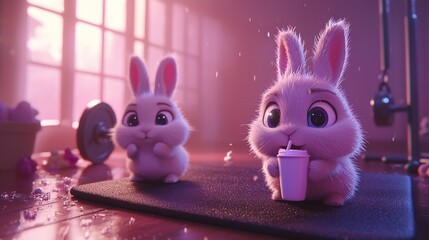 Bunny fitness! Cute cartoon rabbits hydrate after workout in pink hued gym
