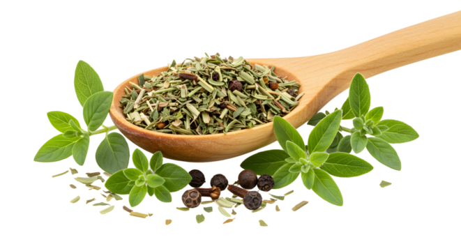 A wooden spoon filled with mixed dried herbs and spices, surrounded by fresh green leaves, on a clean white background