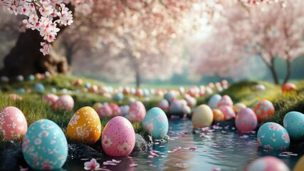 Vibrant pastel eggs nestled among blossoming flowers, conveying the joy and renewal of springtime celebration.