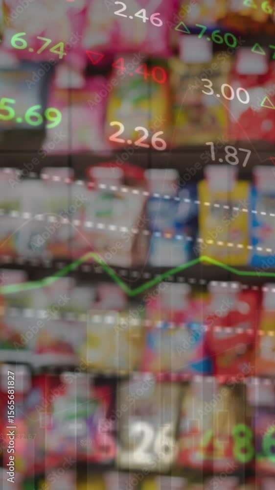 Poster animation of numbers changing and moving over various products assorted on shelves in supermarket