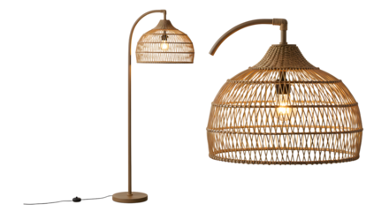 Two stylish woven lamps, one standing and one hanging, showcasing natural materials and warm light in a modern interior setting