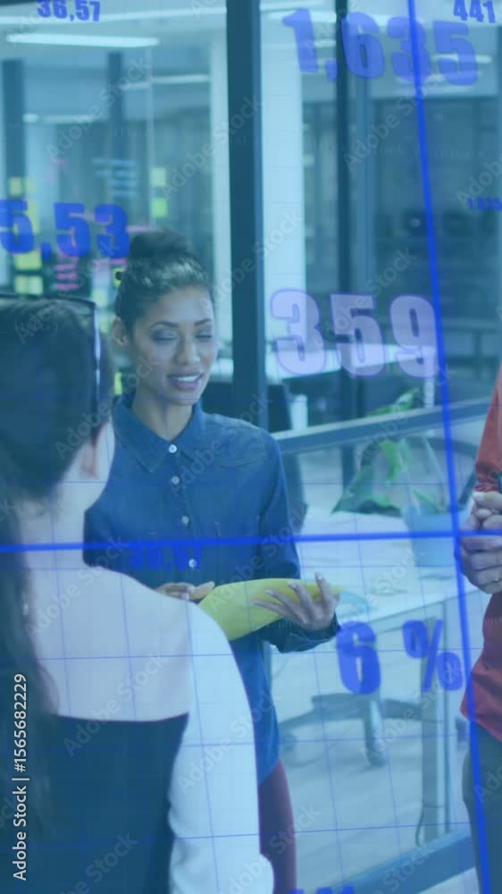 Poster animation of multiple graphs with changing numbers, diverse coworkers sharing ideas in office