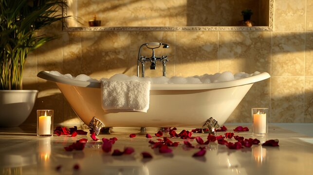 Luxurious bath, bubbles, candles, rose petals