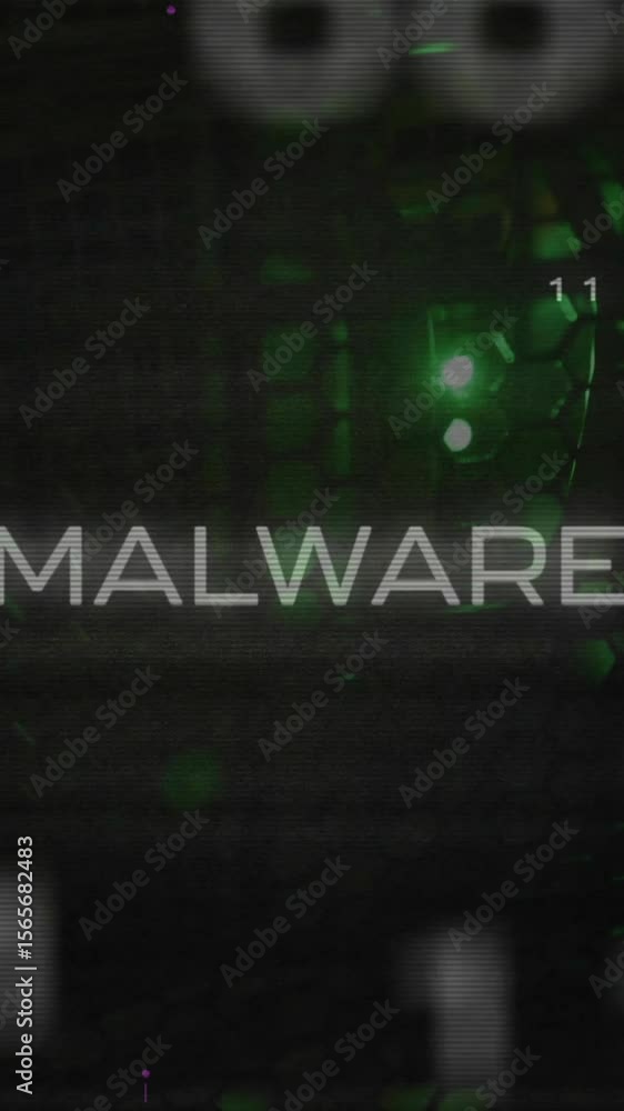 Poster malware text animation over digital code and green lights background