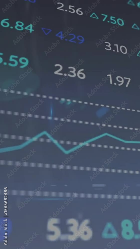 Poster animation of financial data processing over dark background