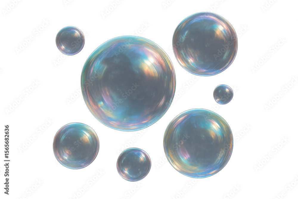 Poster soap bubbles with iridescent surface floating on a transparent background, perfect for compositing a