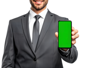 Businessman holding smartphone with green screen for content display on isolated transparent background.
