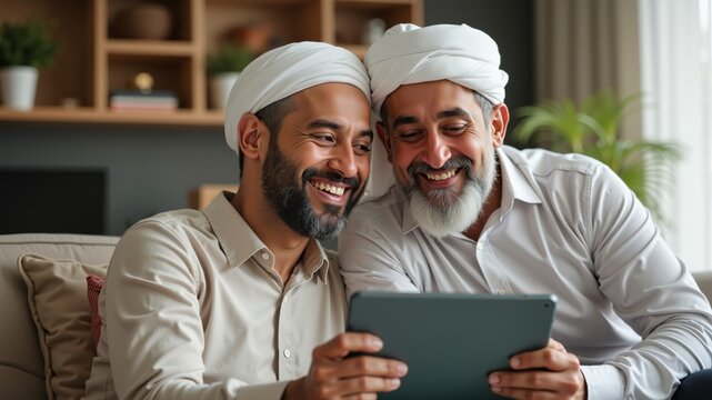 Happy mature couple smiling and taking selfie at home with tablet Muslim business. Authentic Arabian style.
