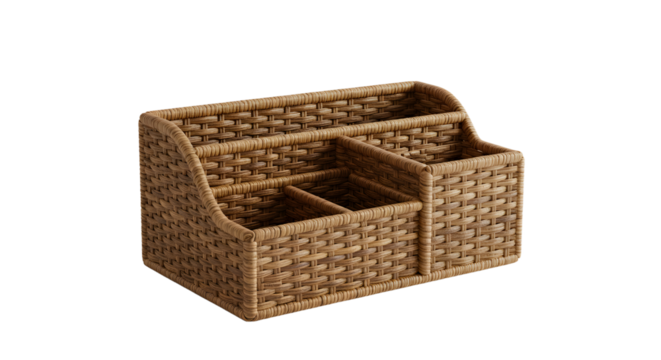 A stylish woven storage organizer with multiple compartments, ideal for decluttering desks or living spaces