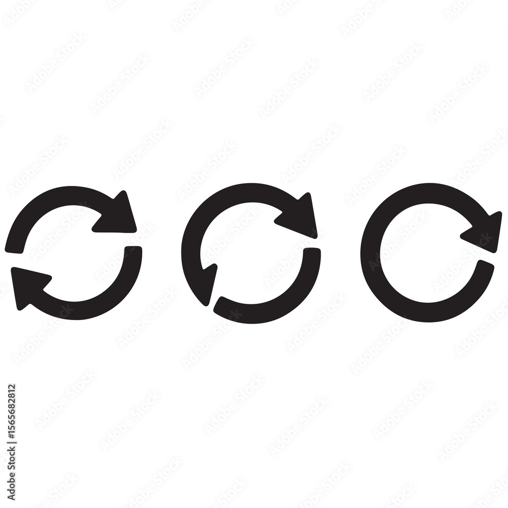 Poster three black circular arrows in sequence representing cycles rotation repetition turnaround movement 