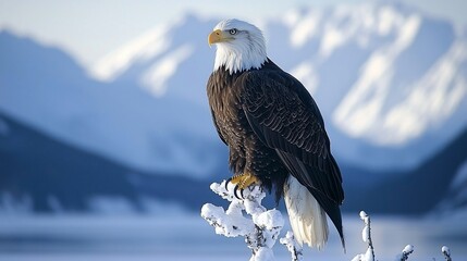 Majestic bald eagle perched on snowy branch, mountains backdrop