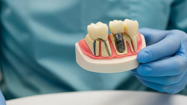 Dental Implant Model Held by Dentist Explains Tooth Replacement Options