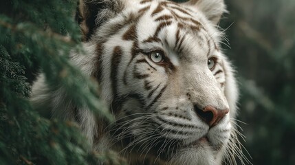 Naklejka premium Majestic White Tiger Hidden in Lush Green Foliage a Stunning Close-Up