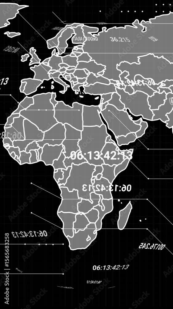 Poster animation of digital data processing and world map over black background