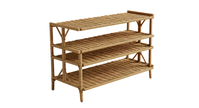 Wooden shelf with three tiers displayed against a neutral background, ideal for home organization and decor