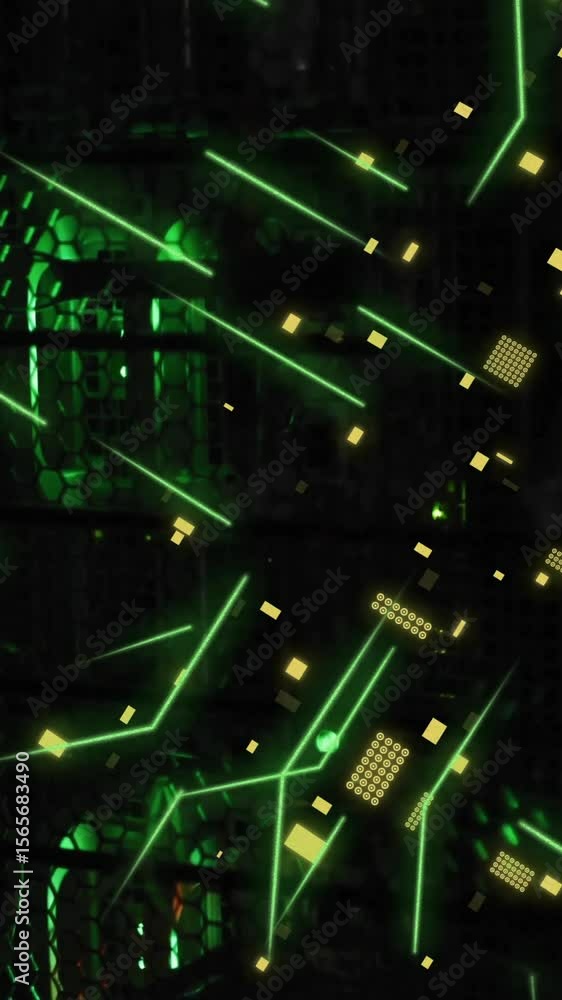 Poster animation of circuit board and data processing over computer servers