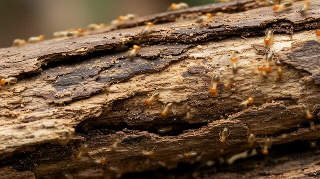 Termites infest damaged wood, signaling a wood-destroying insect problem in the outdoor environment.